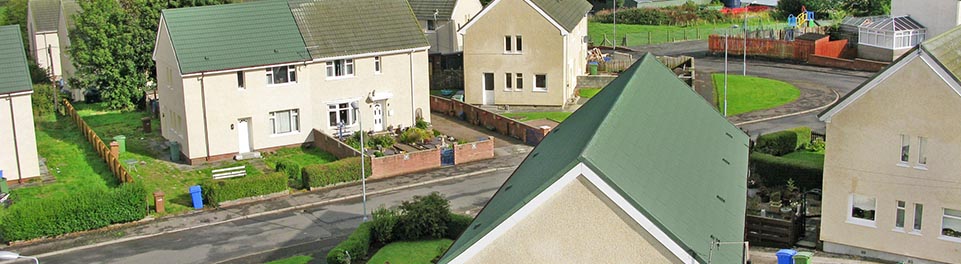 Local Authority Homes in Glasgow with Metrotile Lightweight Roofing Bond Green