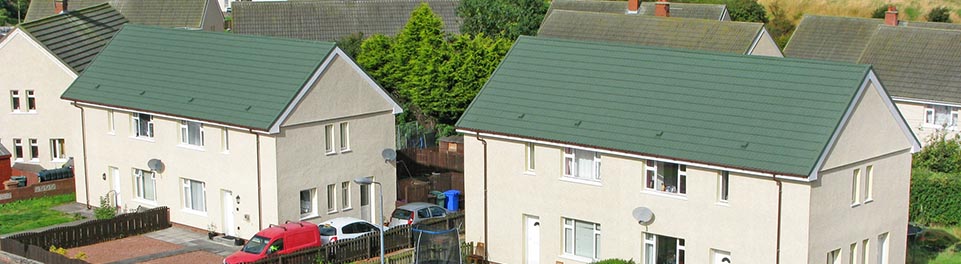 Local Authority Homes in Glasgow with Metrotile Lightweight Roofing Bond Green