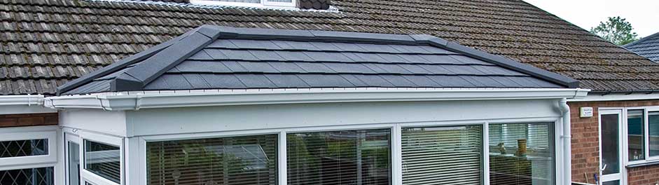 Conservatory refurbished with a Metrotile Lightweight Roof System Shingle Charcoal