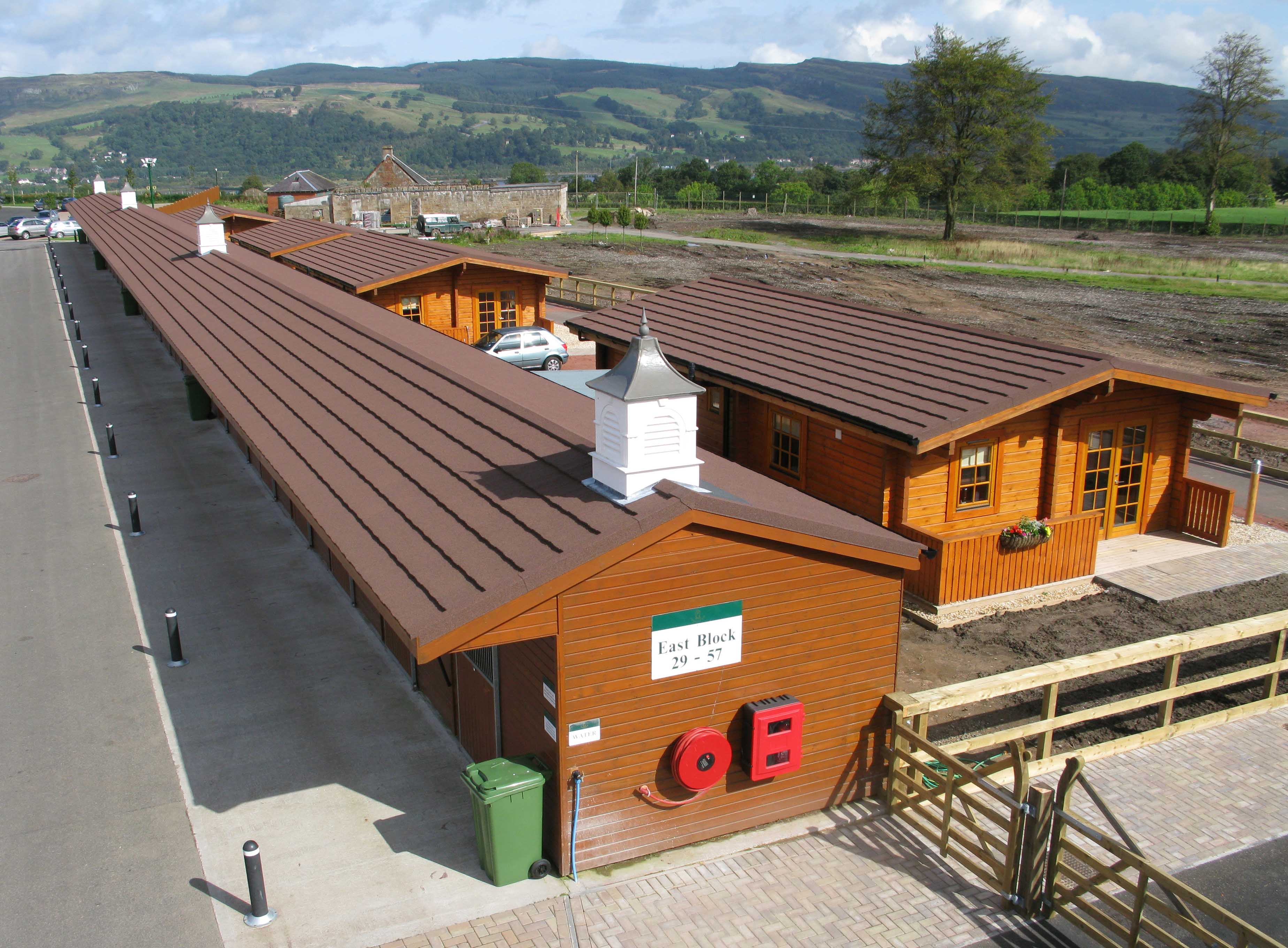Ingliston Equestrian Centre Stables Timber Frame Leisure Roof in Metrotile Lightweight Roofing Bronze Slate