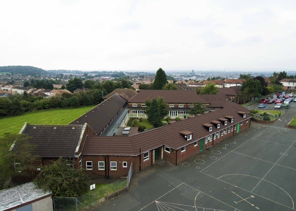 Gorse Hill School Partial Refurbishment Metrotile Lightweight Roofing Roman Bronze